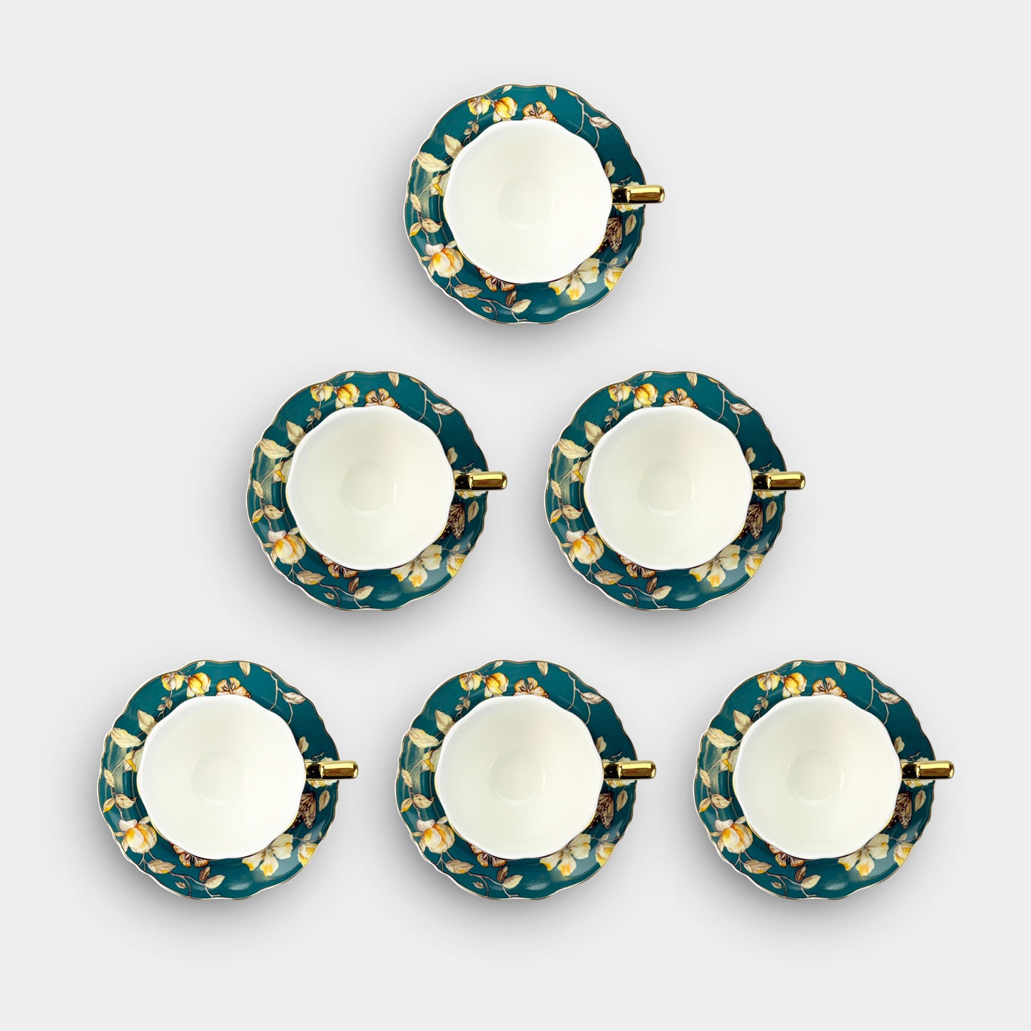 Dark Green & Gold Floral Cup Set – 6 Pieces