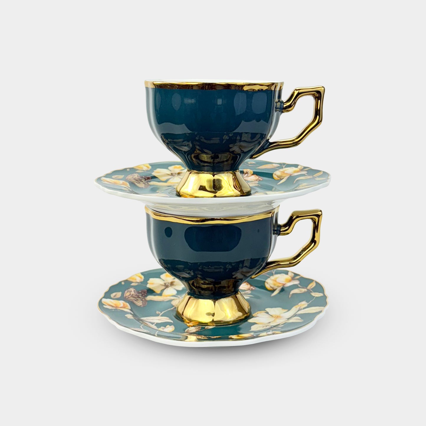 Dark Green & Gold Floral Cup Set – 6 Pieces