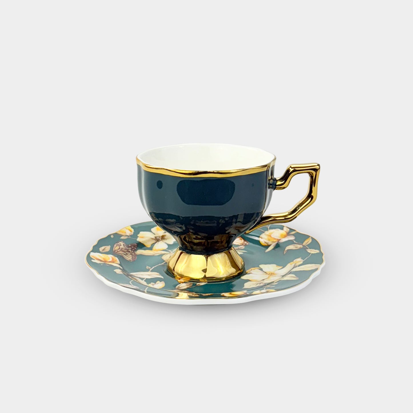 Dark Green & Gold Floral Cup Set – 6 Pieces