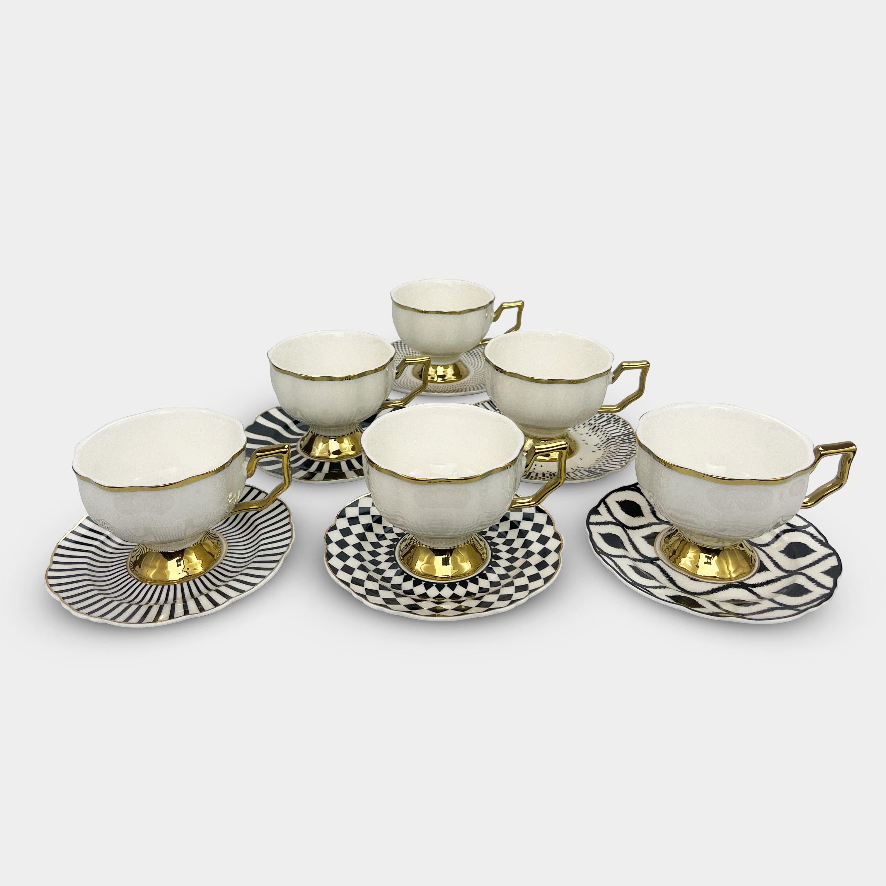 Golden Trim Geometric Coffee & Tea Cup Set of 6