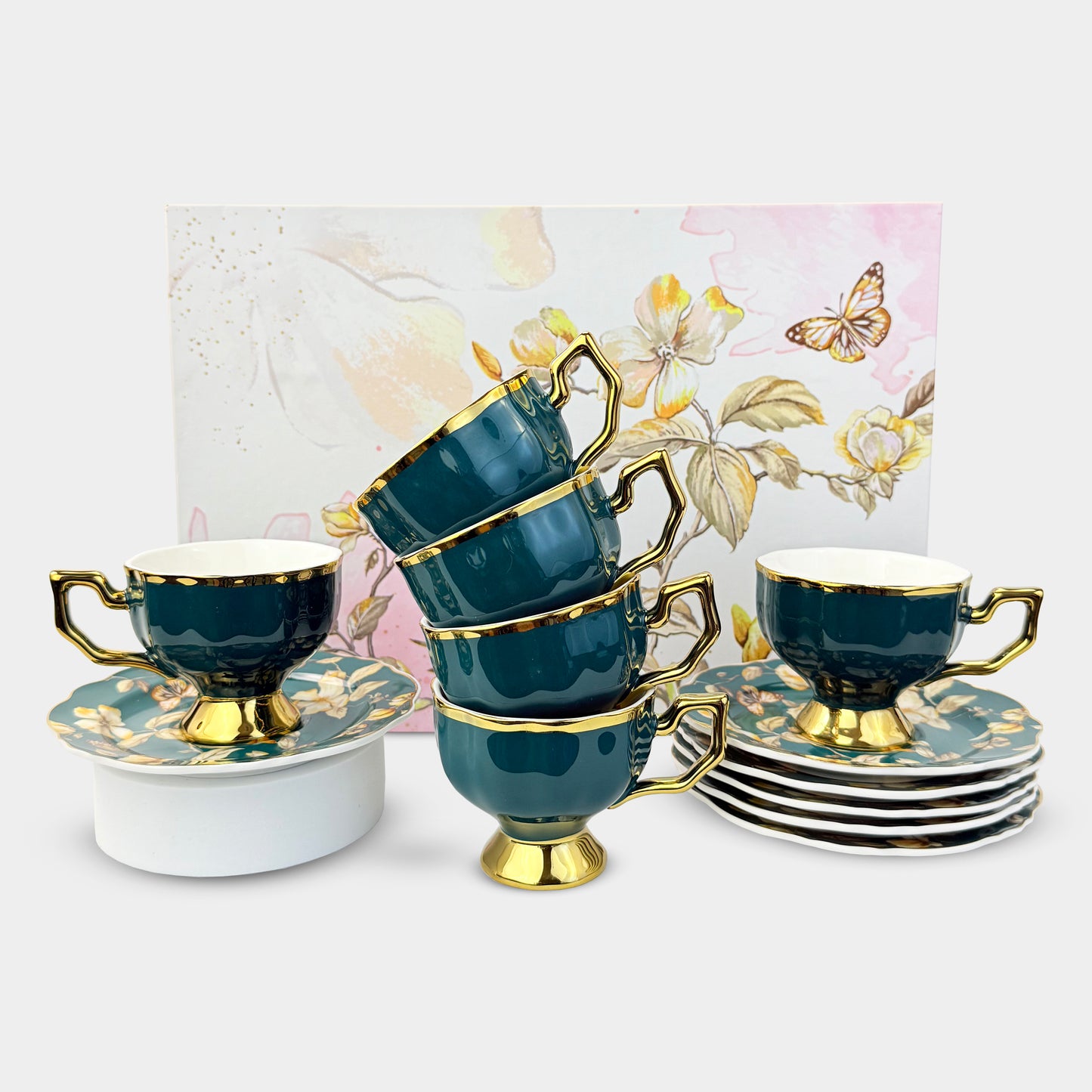 Dark Green & Gold Floral Cup Set – 6 Pieces