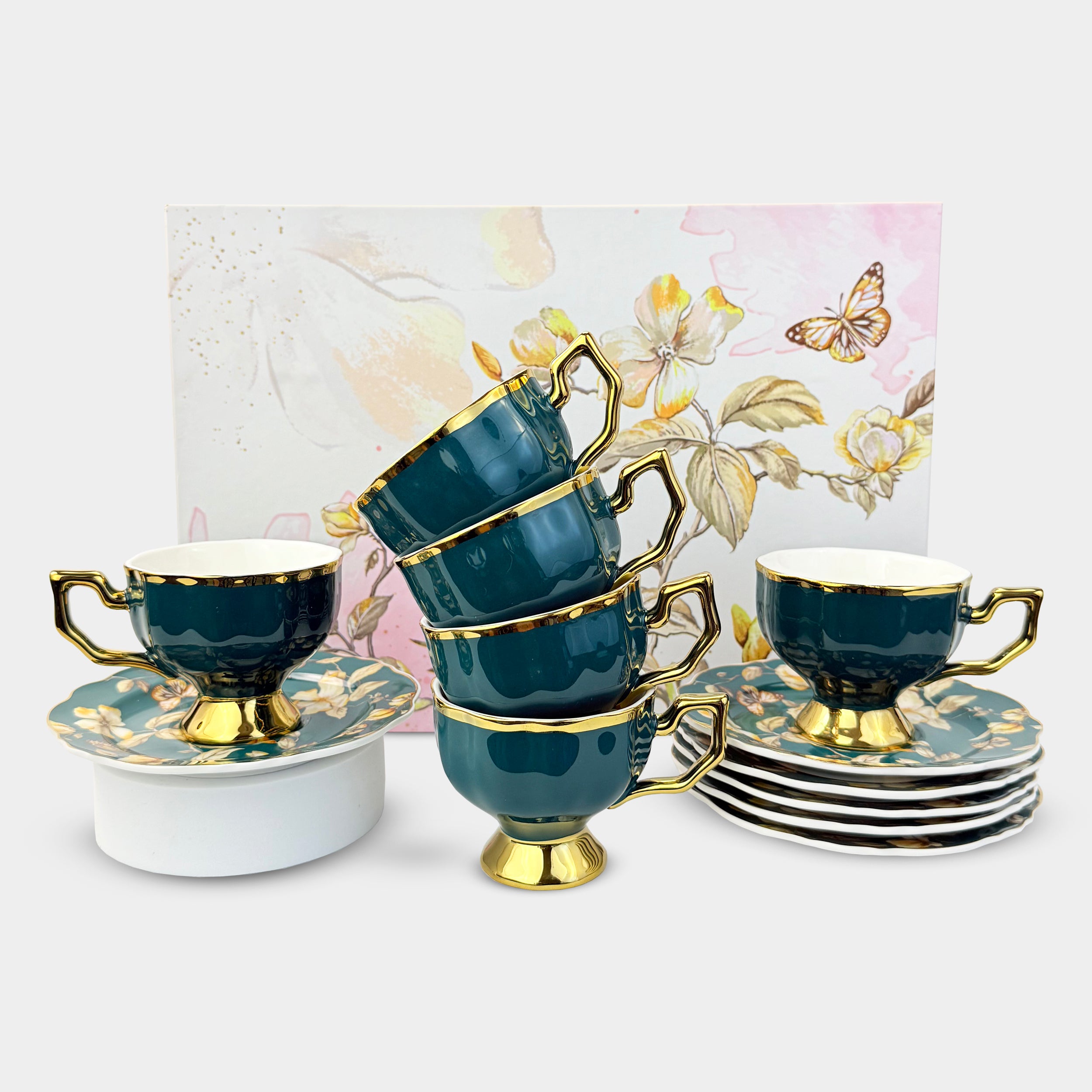 Dark Green & Gold Floral Cup Set – 6 Pieces