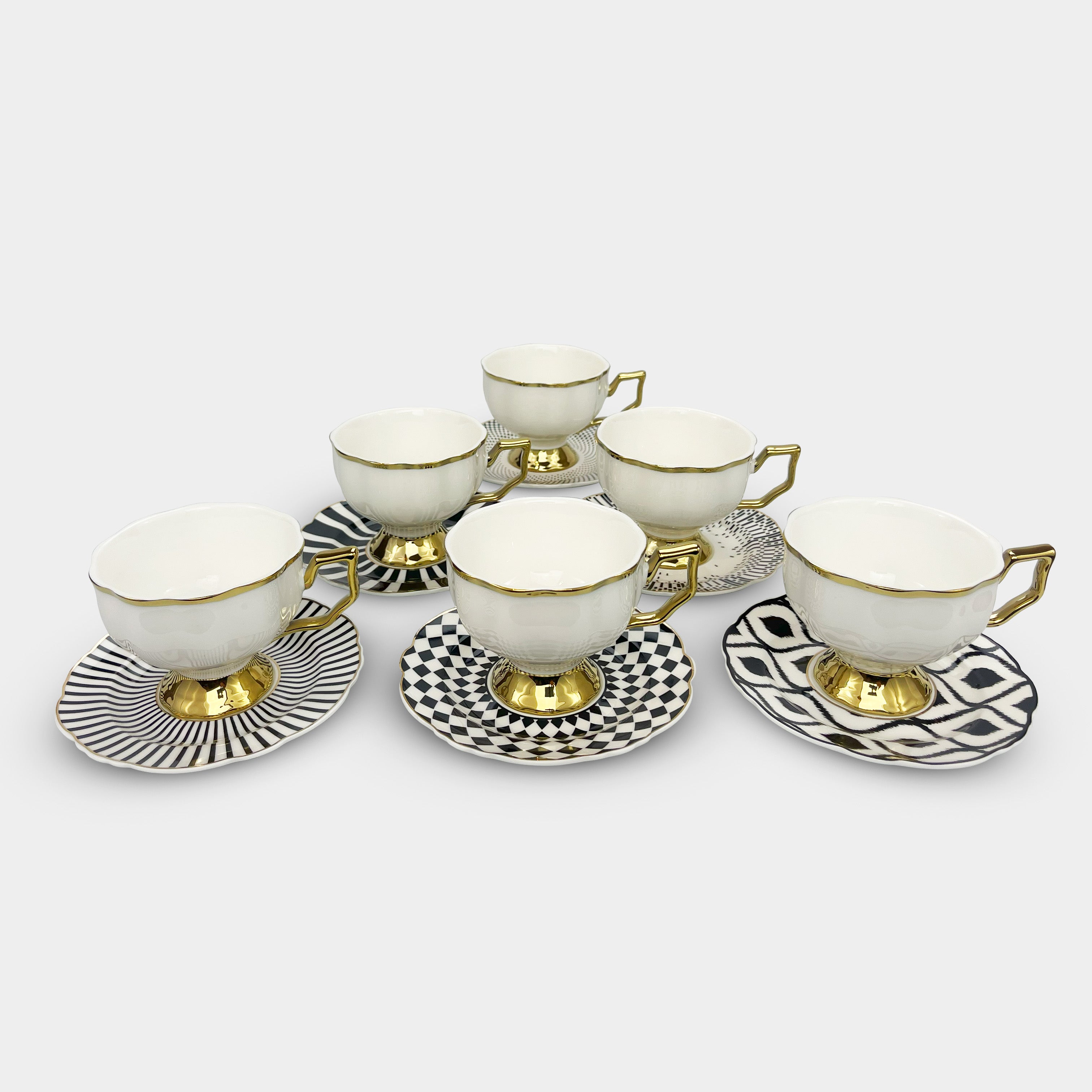 Golden Trim Geometric Coffee & Tea Cup Set of 6
