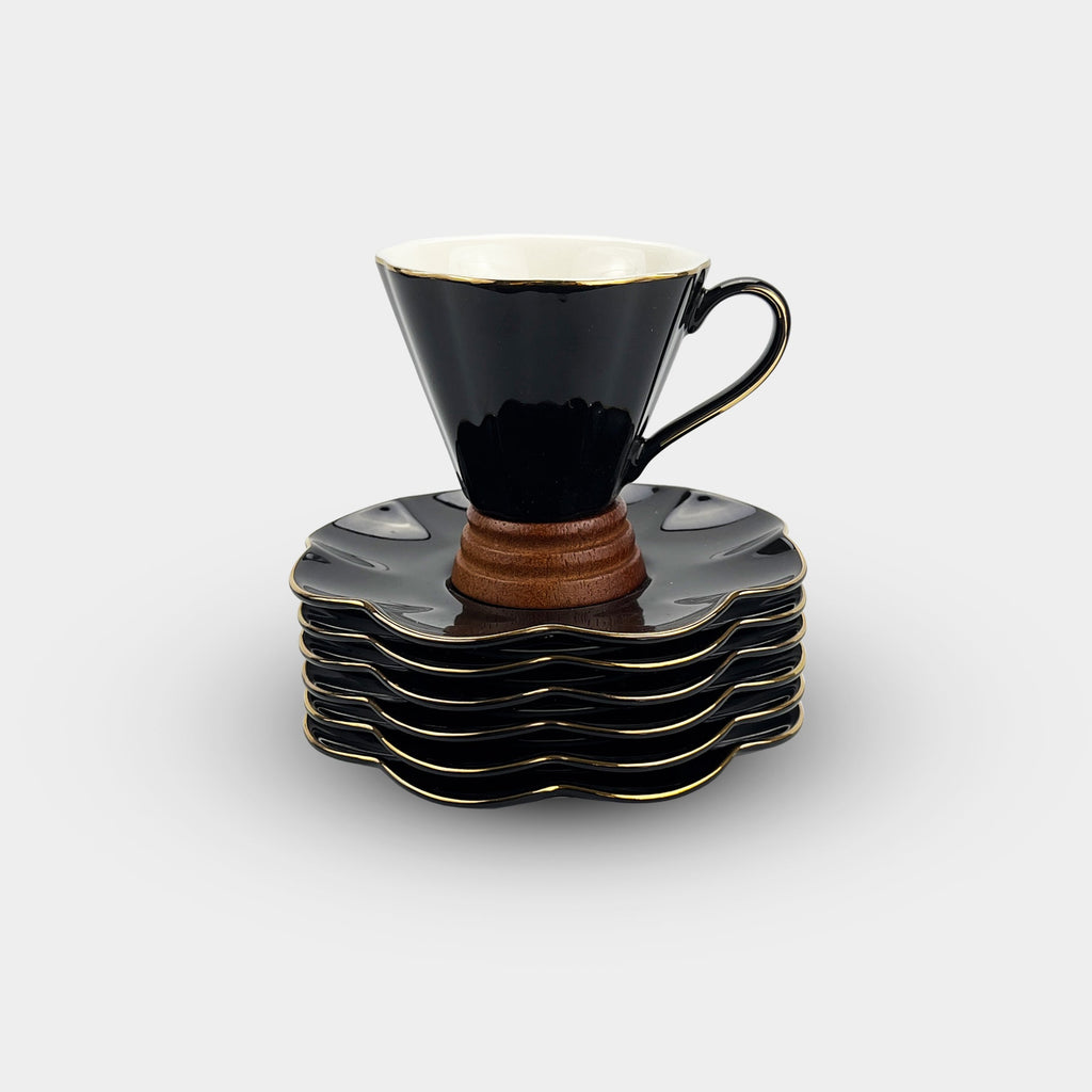 Black Floral Rimmed Tea and Coffee Cup Set of 6