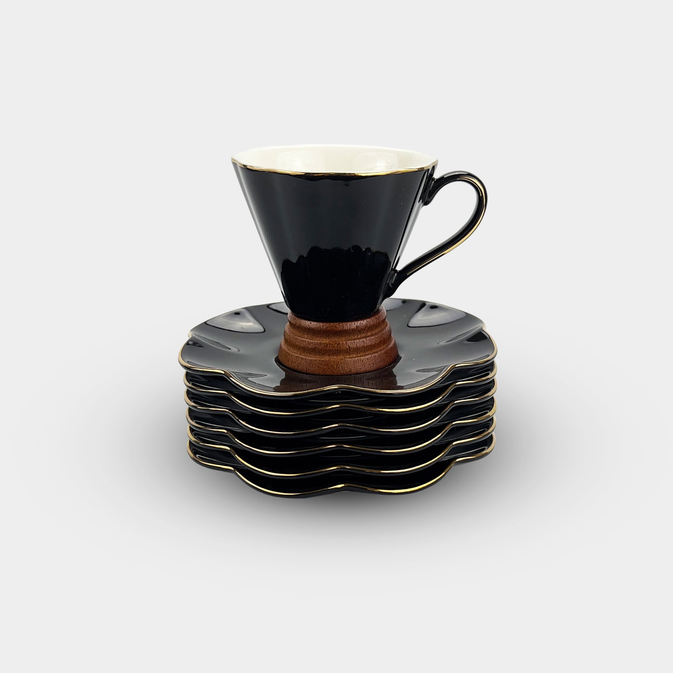 Black Floral Rimmed Tea and Coffee Cup Set of 6