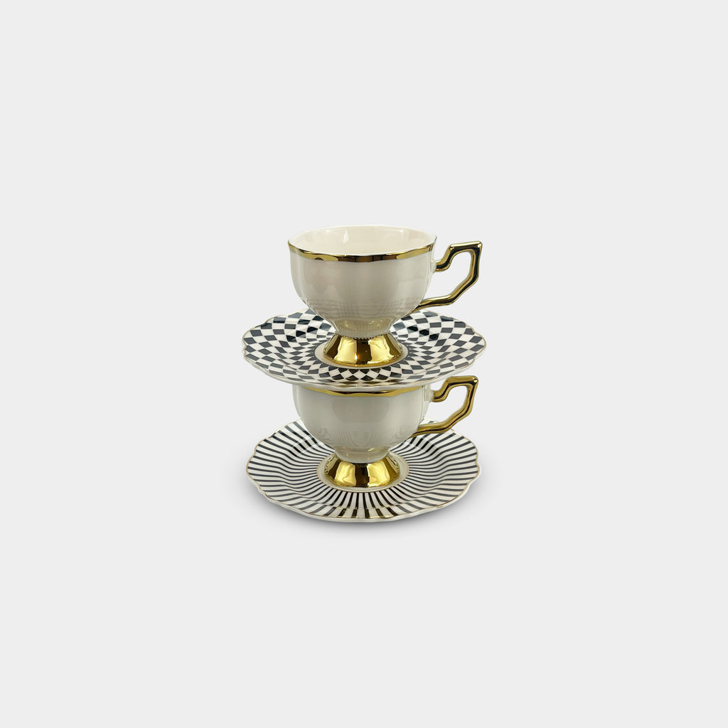 Golden Trim Geometric Coffee & Tea Cup Set of 6