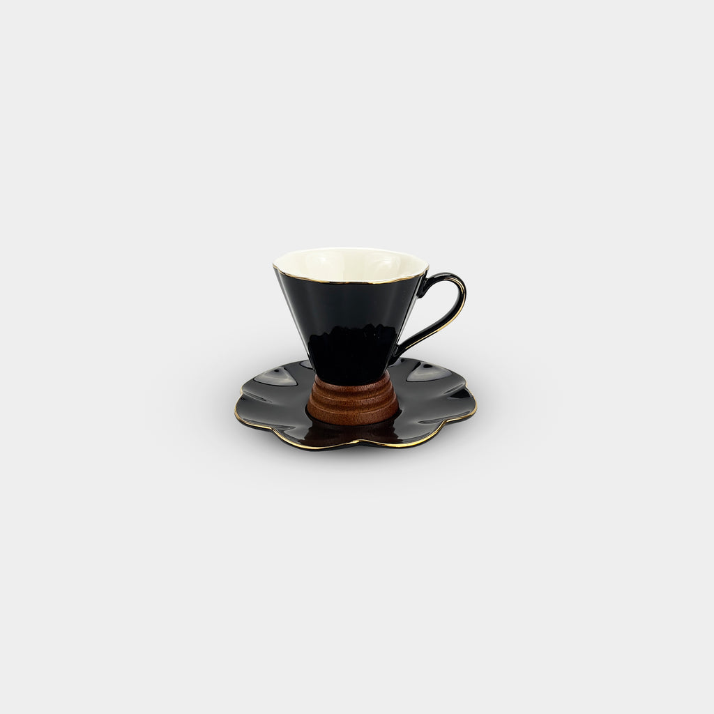 Black Floral Rimmed Tea and Coffee Cup Set of 6