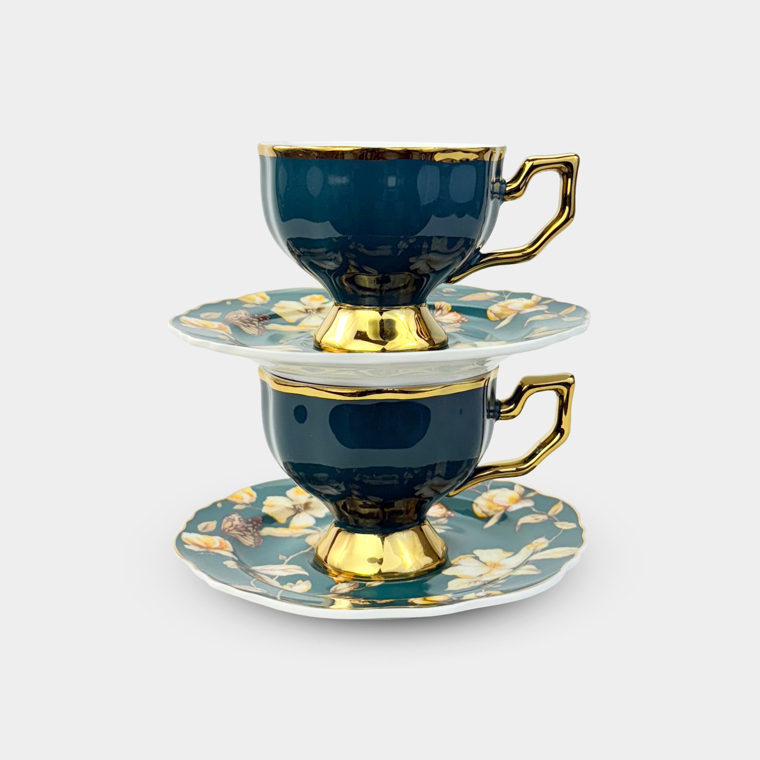 Dark Green & Gold Floral Cup Set – 6 Pieces