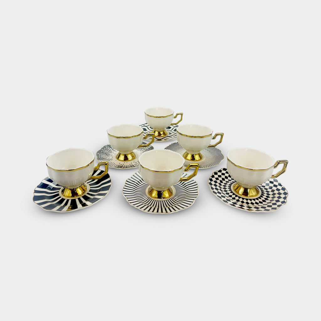 Golden Trim Geometric Coffee & Tea Cup Set of 6
