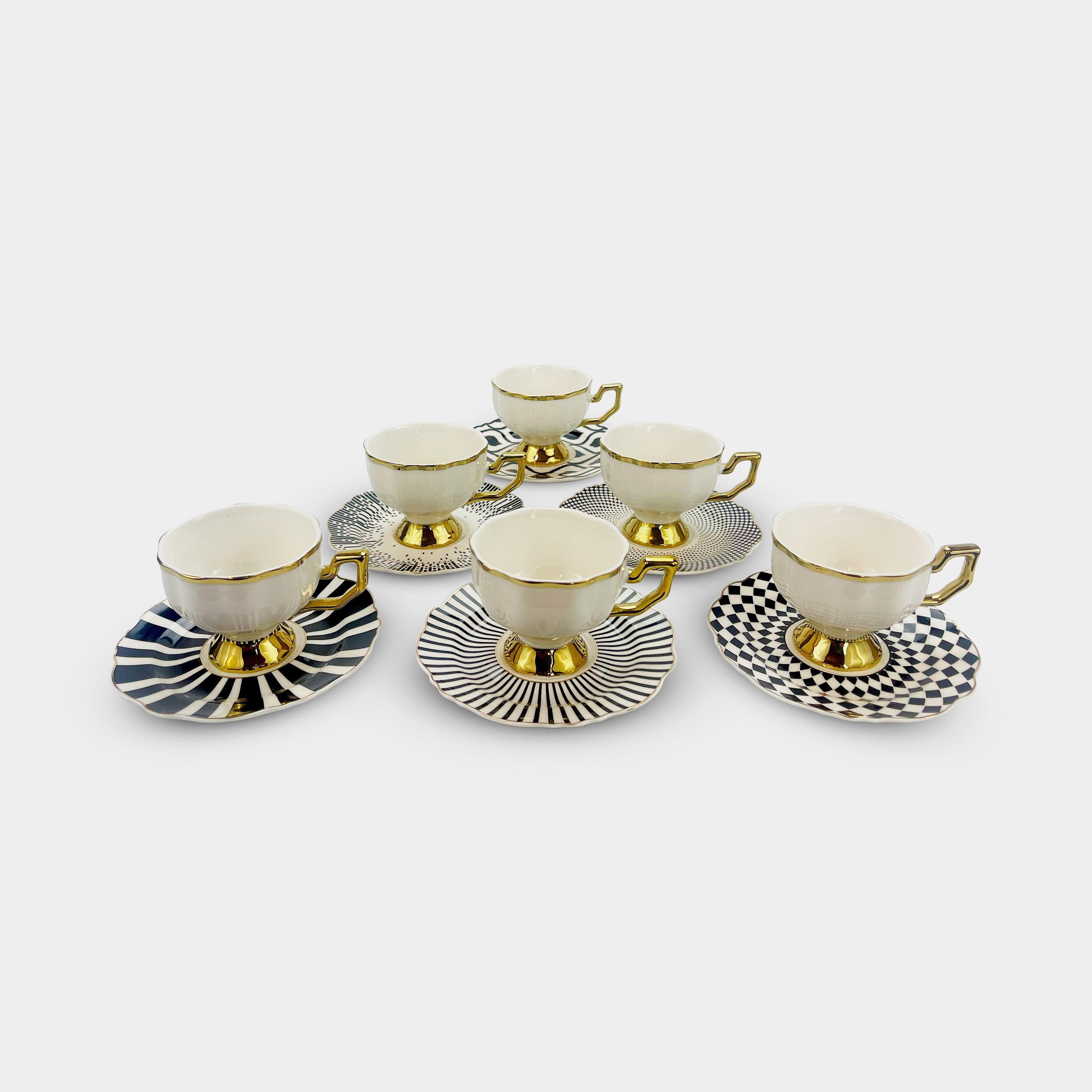 Golden Trim Geometric Coffee & Tea Cup Set of 6