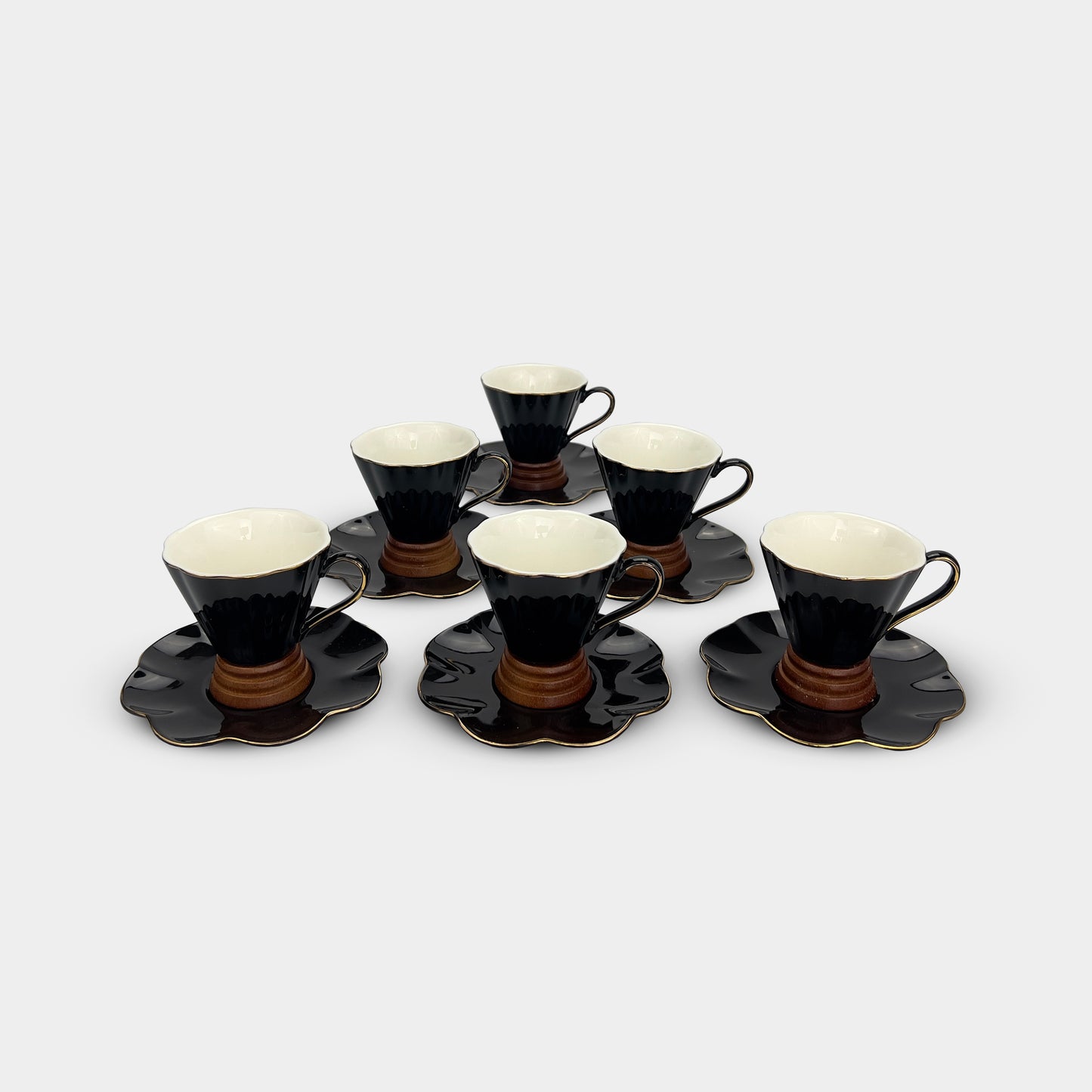 Black Floral Rimmed Tea and Coffee Cup Set of 6