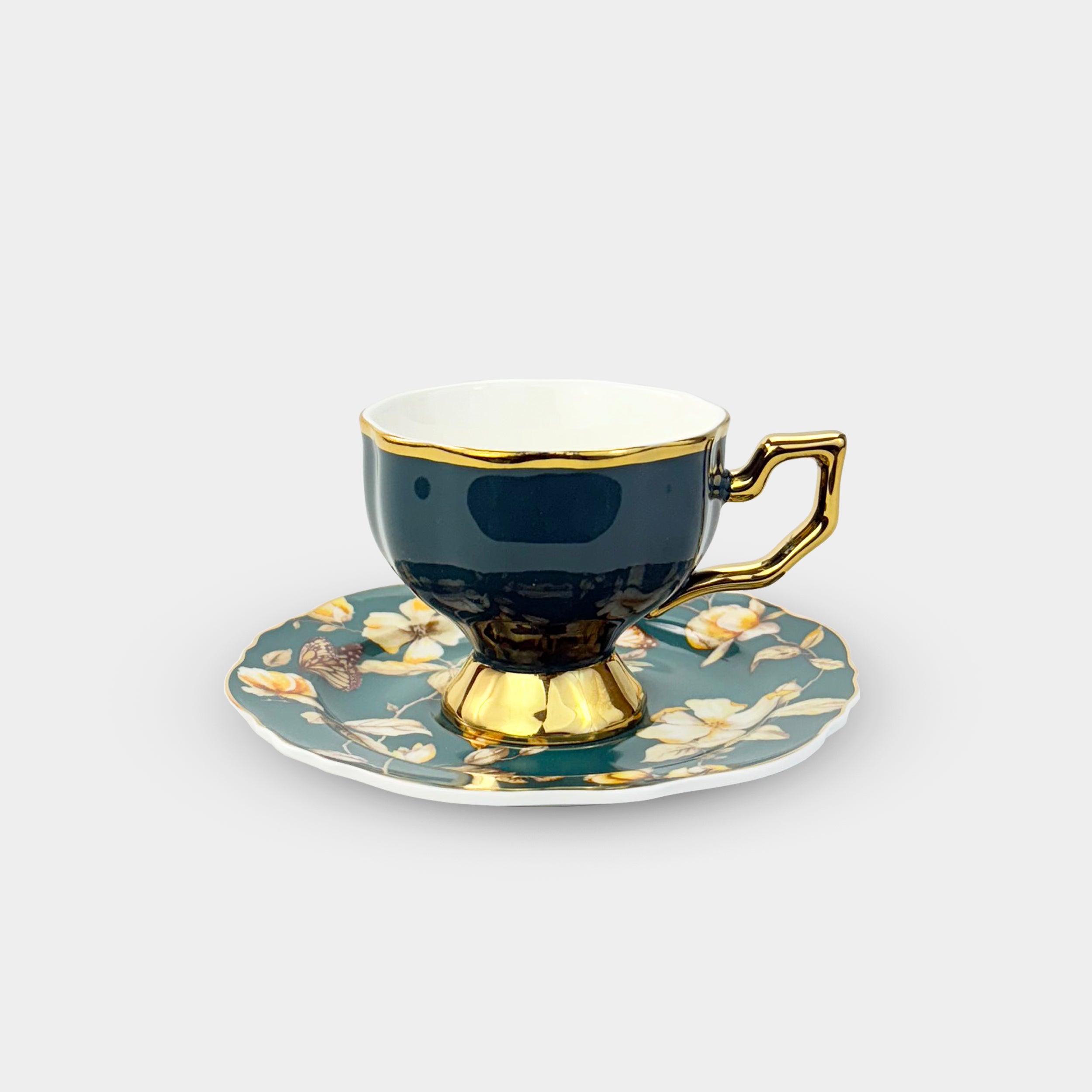 Dark Green & Gold Floral Cup Set – 6 Pieces