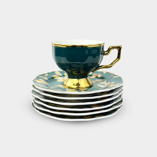 Dark Green & Gold Floral Cup Set – 6 Pieces