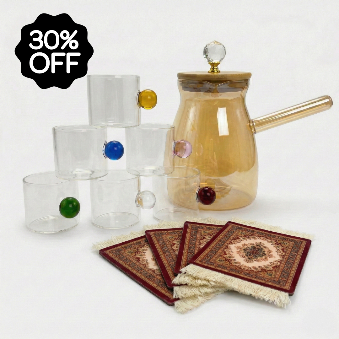 11-Piece Coffee Cup Bundle: Glass & Persian Rug Coaster Set (30% OFF)