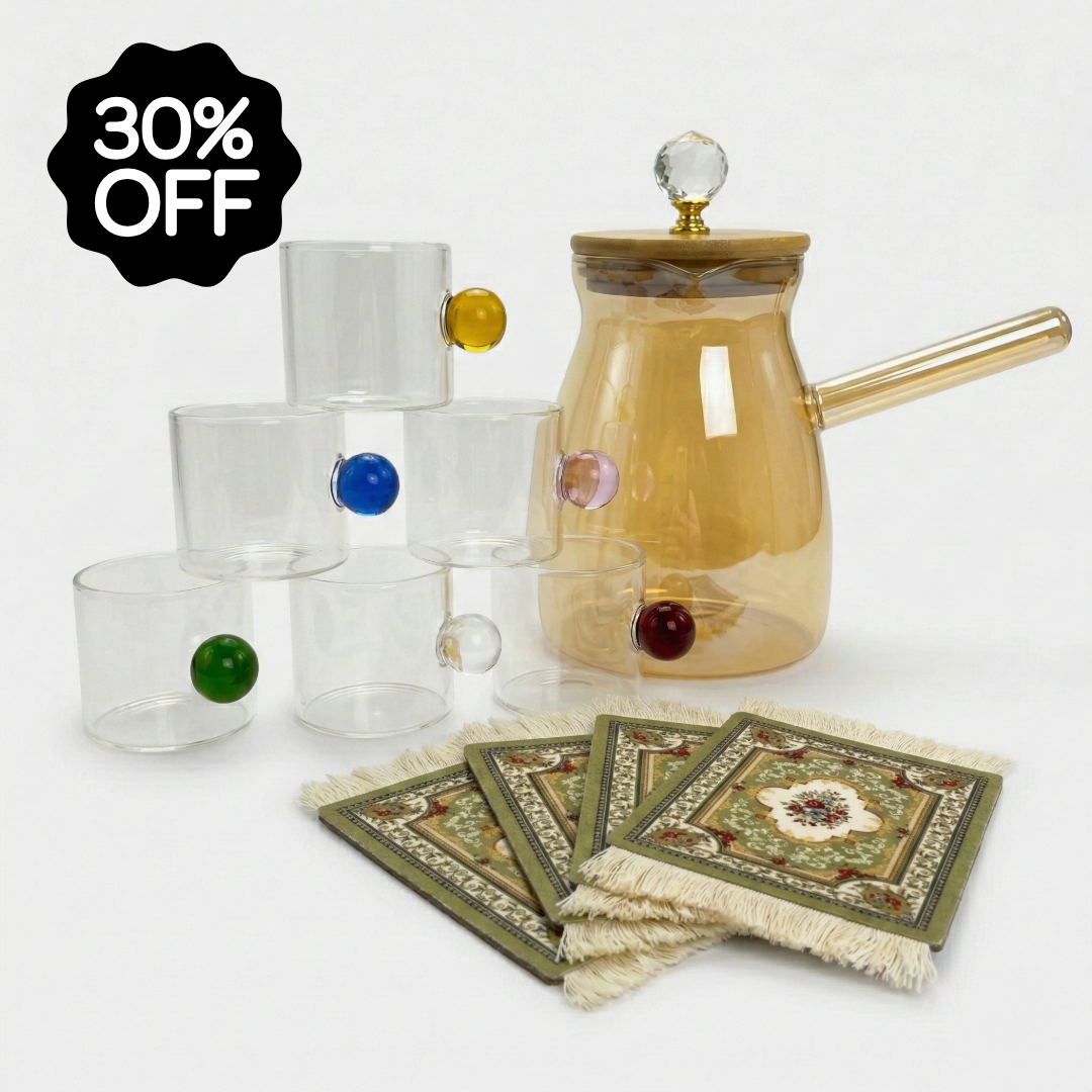 11-Piece Coffee Cup Bundle: Glass & Persian Rug Coaster Set (30% OFF)