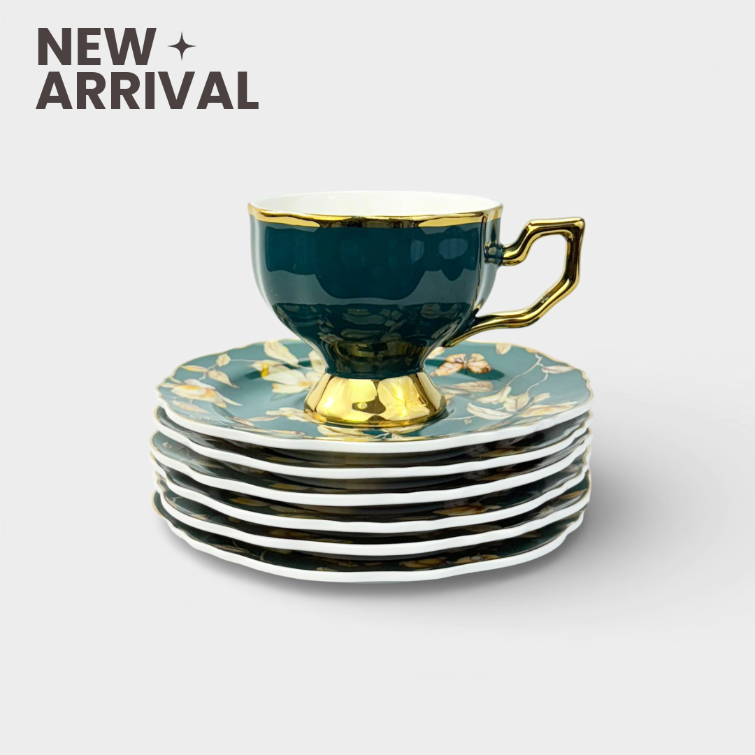 Dark Green & Gold Floral Cup Set – 6 Pieces