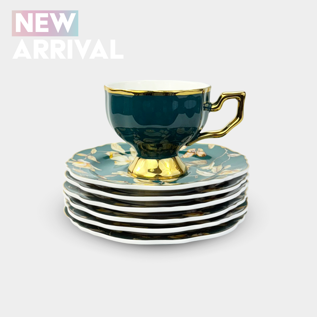 Dark Green & Gold Floral Cup Set – 6 Pieces
